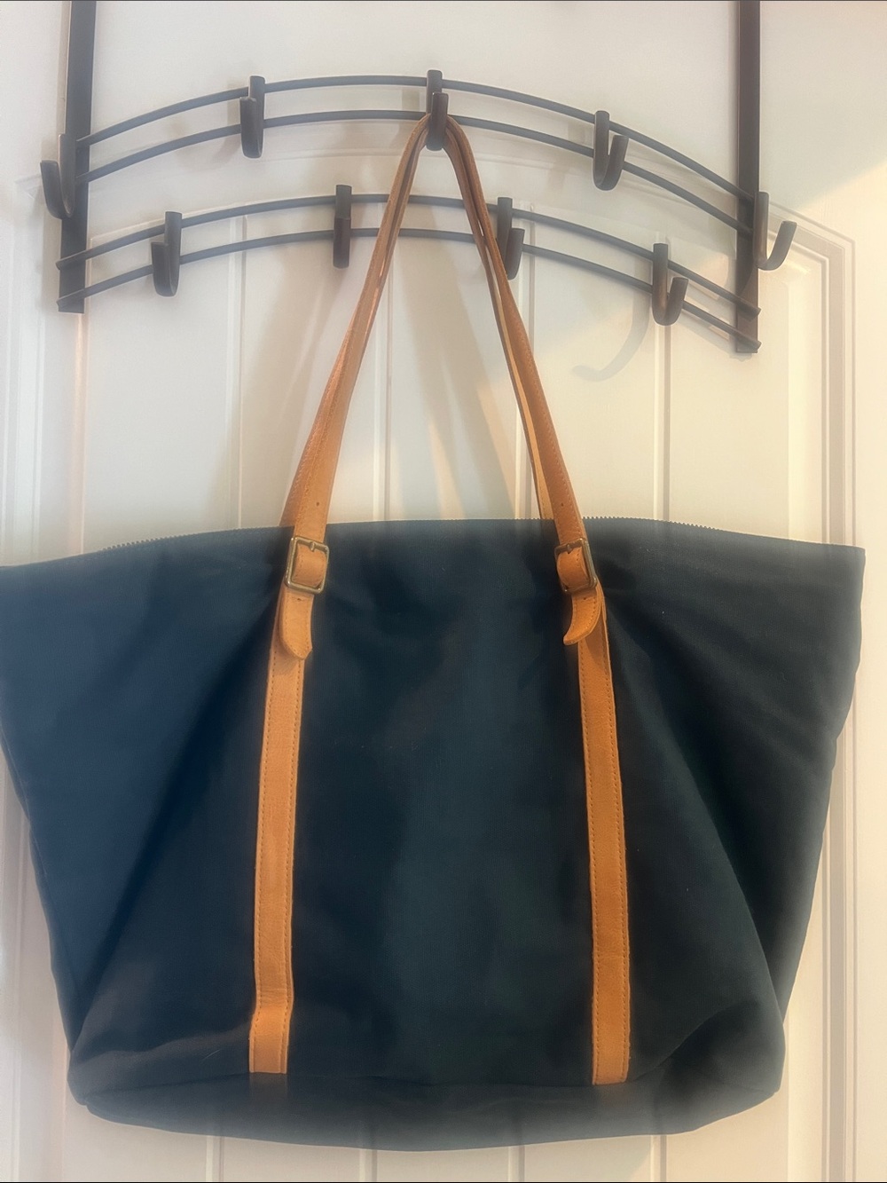 Navy Canvas Tote Bag with Tan Leather Straps